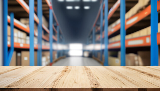The empty wooden table top with blur background of warehouse storage. Exuberant image. for mock up or banner