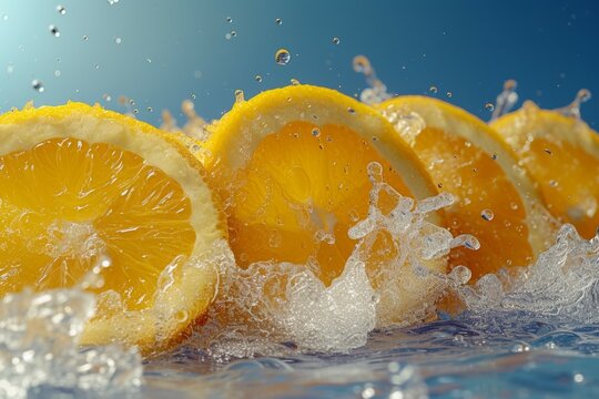 Slide cut piece of orange drop on orange background with orange juice splash water