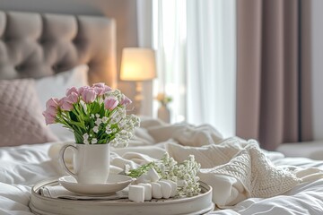 Luxurious bedroom interior with a tray with a cup, saucer, marshmallows and flowers on the bed