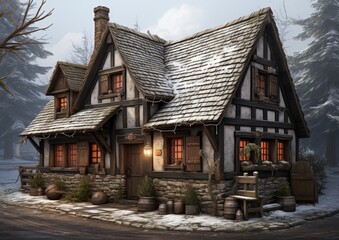 Fototapeta na wymiar Cozy Snow-Covered Cottage in Twilight Woods
