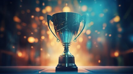 Close-up of a trophy cup on a dark background. 3d rendering Generative AI - obrazy, fototapety, plakaty