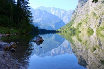 Königssee mirror lake green and mountains in the back