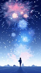 Fototapeta na wymiar Winter Fireworks Spectacle Anime Scene Generative AI