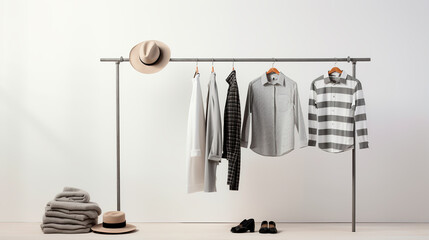 Stylish clothing on a metal clothes rack, on white background. Casual wear. Well organized minimalist wardrobe or fashion store display.