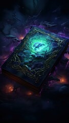 Dark Cinematic Backdrop of a Witch's Spellbook with Vivid RGB Colors Generative AI