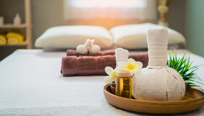 Obraz na płótnie Canvas Spa accessory composition set in day spa hotel, beauty wellness center. Spa product are placed in luxury spa resort room, ready for massage therapy from professional service.
