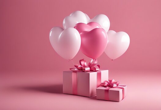 Valentine's Day gift hearts balloons background pink concept pink 3D box white rendering