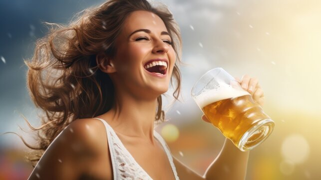 Young beautiful woman drinking beer in the rain. Portrait of a girl with a glass of beer. Generative AI