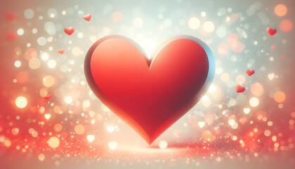 a big flat RED heart  in a modern style against an abstract soft peach fuzz background of bokeh lights, blurred spots on a light background with heart shapes 