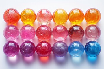 Multi-colored glass balls on a white background, round drops of rainbow colors