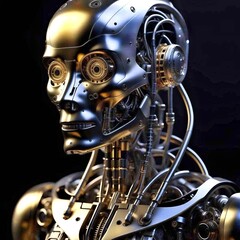 Robot Skull Cyborg Head Machine Science industrial. A realistic silver robot with a skull head design, glowing eyes, intricate details, and metal construction stands against a dark background