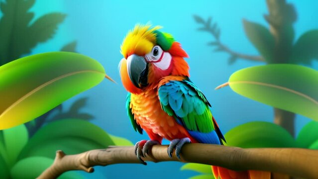 Cute Colorful Cartoon Parrot Character in a Tree