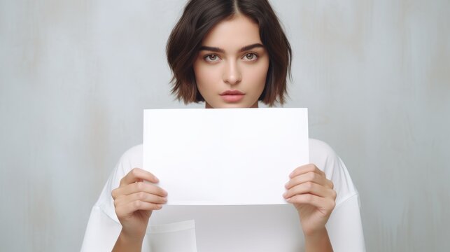 Young Woman Holding Blank Paper - Minimalistic Clean Soft Focus AI Generated