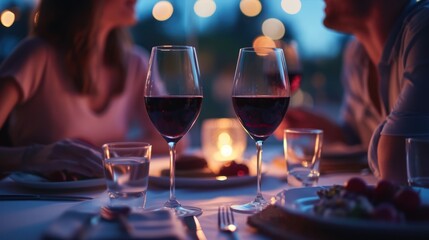 Close-up Beautiful loving couple is spending time together for dinner with glasses of red wine in a luxury restaurant.