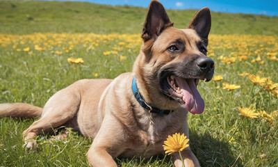 dog sitting on a grassy field colorful flowers under a clear blue sky