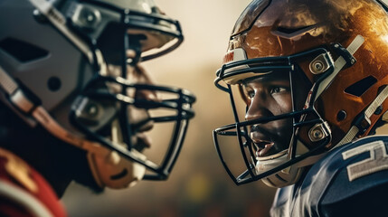 Close - up photo Two American football players in uniforms and helmets looking at each other
