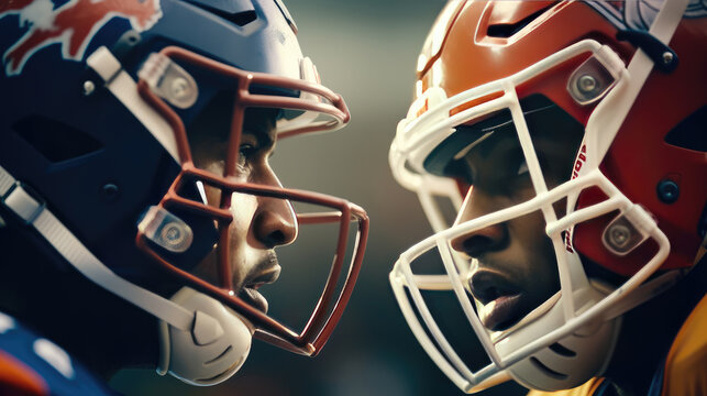 Close - up photo Two American football players in uniforms and helmets looking at each other
