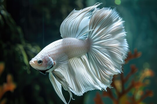 White Siamese Fighting Fish, Rosetail Halfmoon Aquarium Pet, White Betta Splendens in Fish Tank