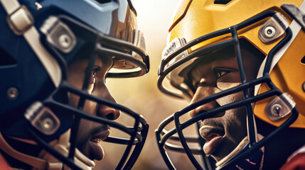 Fototapeta premium Close - up photo Two American football players in uniforms and helmets looking at each other