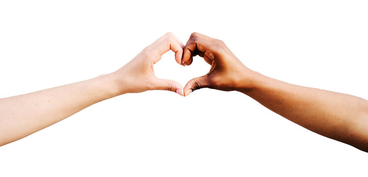 Portrait two multiracial arms joined together forming heart with hands, empty white background. Hope and love between relationships, human beings of different races with different skin. Isolated photo