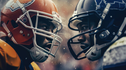 Fototapeta premium Close - up photo Two American football players in uniforms and helmets looking at each other