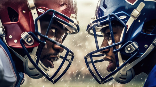 Close - up photo Two American football players in uniforms and helmets looking at each other