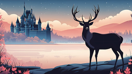 Abstract background of deer with castle background. Fantasy landscape graphic illustration. Template for your design works ready to use.