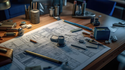 Close-up photo of a residence blueprint on a work desk