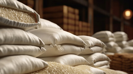 Fototapeta na wymiar A pile of white bags of bulk rice in the warehouse