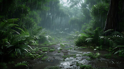 Fototapeta premium jungle scene during a heavy rain, incorporating realistic raindrop physics