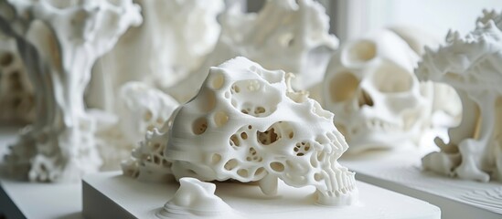 White plastic models are printed by the 3D printer.