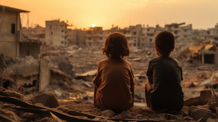 Rear view of children sitting in front of a city destroyed by war