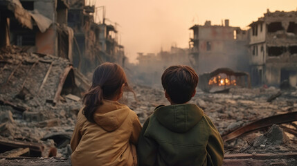 Rear view of children sitting in front of a city destroyed by war