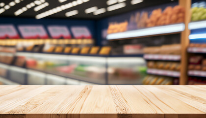 Tabletop view on modern product display in grocery or department store with wooden table and blurred backdrop for advertising and promotion on table showcase.