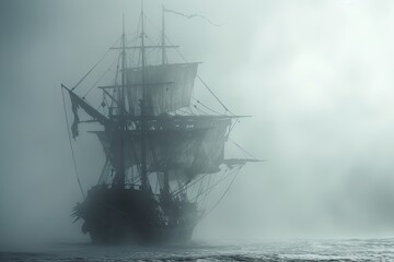 Naklejka premium A haunted pirate ship sailing on a mysterious and foggy sea Ghostly ship