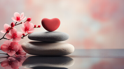 Zen design with stacked stones and red love heart for Valentines Day, copy space