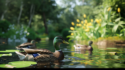 A detailed 3D rendering of ducks gracefully swimming in a pond