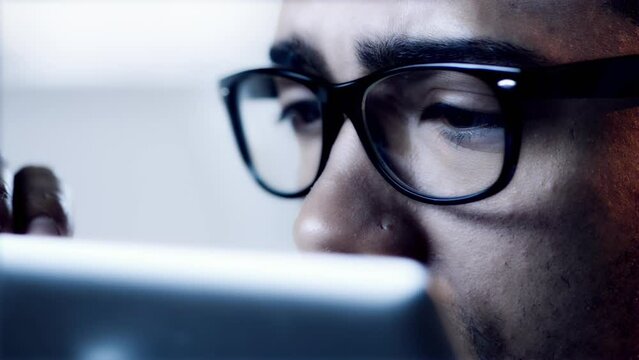 Businessman, tablet and stress for mistake or fail, audit and bankrupt or burnout in workplace. Male person, glasses and frustration or mental health in office, glitch and 404 error on technology