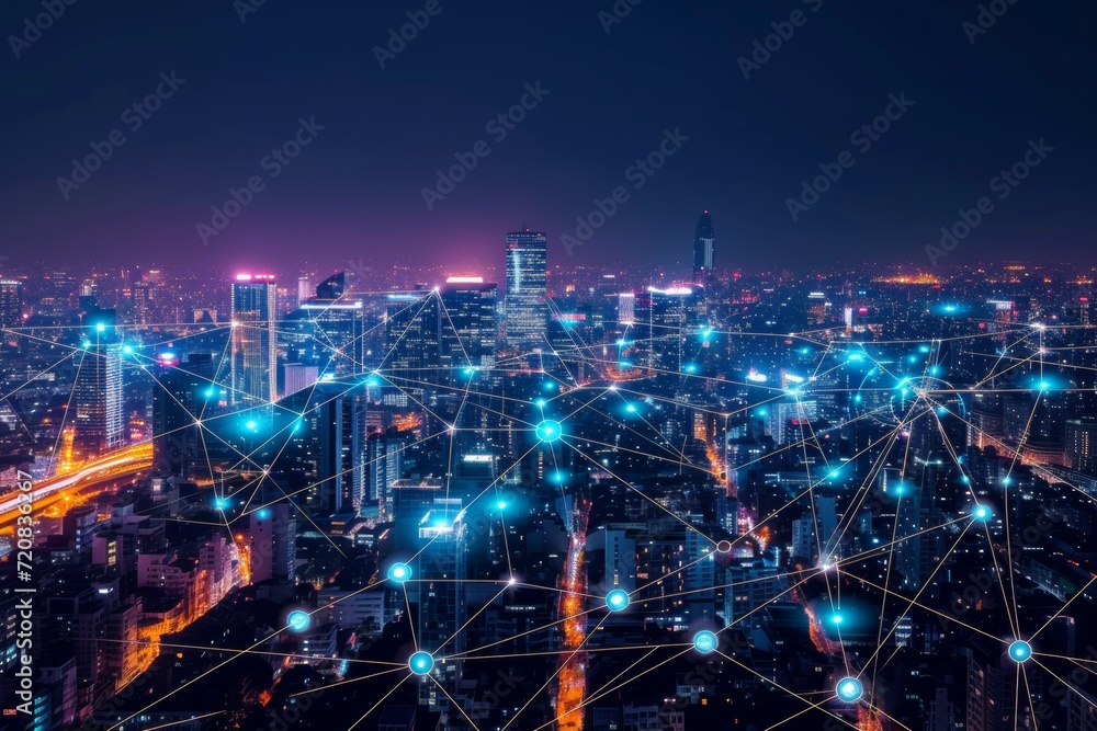 Aufkleber modern wireless connection technology in smart city. closeup dots globe with connection lines and do