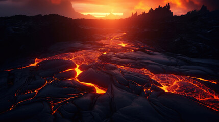 Sunset on molten lava, in Hawaii