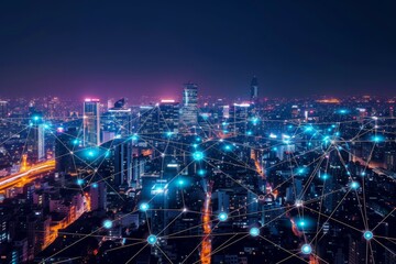 Fototapeta premium Modern wireless connection technology in smart city. Closeup dots globe with connection lines and dots over high building in business center city at night.