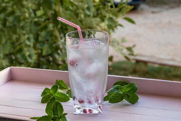  Refreshing drink. Chilled carbonated water in glass. With ice and dogwood berries. Sprigs of mint. On pink wooden tray.