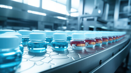 Glass jars on the conveyer belt. Production of cosmetics, healthcare products, and pharmaceuticals. Modern manufacturing facility. Life sciences industry, biotechnology.
