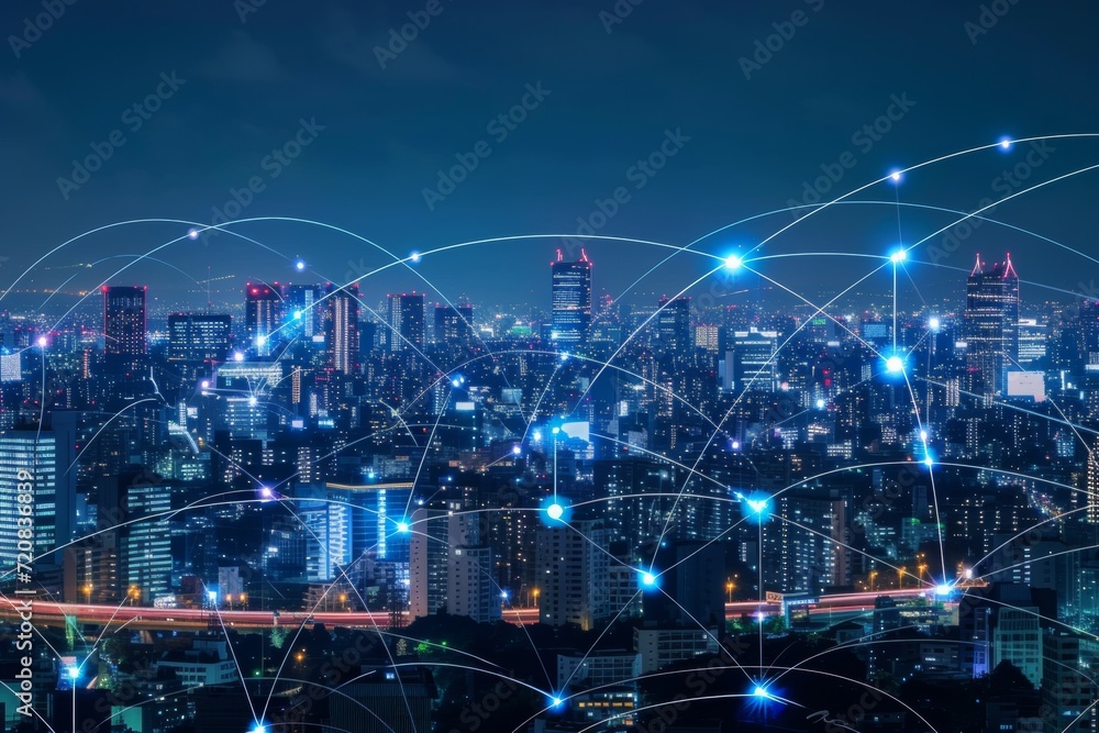 Poster modern wireless connection technology in smart city. closeup dots globe with connection lines and do