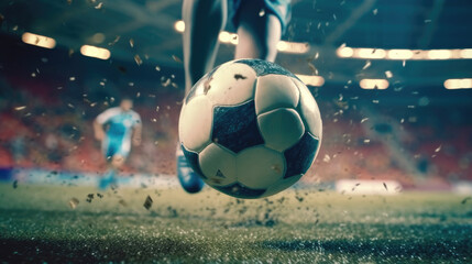 Close - up photo of a football player's foot kicking the ball