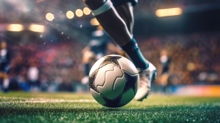 Close - up photo of a football player's foot kicking the ball - obrazy, fototapety, plakaty