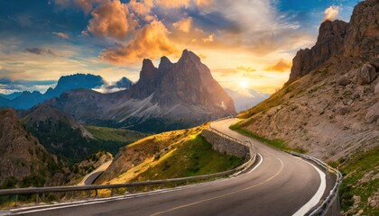 Beautiful curved roadway, rocks, stones, blue sky with clouds. Landscape with empty highway