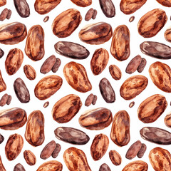 Obraz premium Watercolor Cocoa Beans Seamless Pattern, Aquarelle Cacao Bean, Watercolor Tropical Fruit Beans Tile