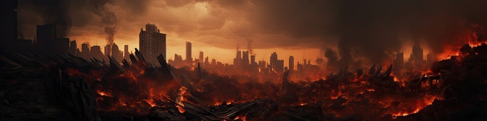 Obraz premium Collapsing Skyscrapers, Apocalyptic Scene, Fire Explosions in Modern City Center, Bomb Destruction