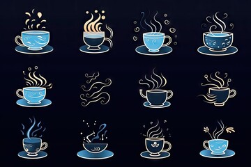 Coffee Cup with Steam Icon Set, Minimalist Cafe Logo, Teacup Symbol, Hot Drink Mug Silhouette, Coffee Cup